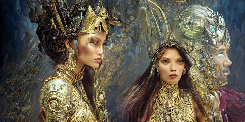 Image similar to HDR portrait photography mirror of The Utopian Benevolent Cyborg Queen and The Underworld Evil Cyborg King, Coherent portraits, ethnic fantasy, intricate, elegant, highly detailed, African, Egyptian, digital painting, trending on ArtStation, HDR photo, smooth, sharp focus, illustration, art by artgerm and greg rutkowski and alphonse mucha