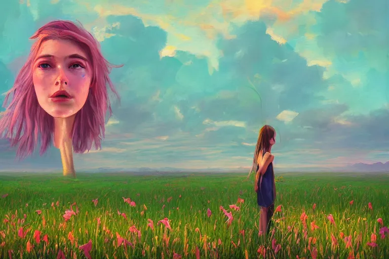 Image similar to giant gladiola head, girl walking in field of flowers, surreal photography, sunrise, blue sky, dramatic light, impressionist painting, digital painting, artstation, simon stalenhag