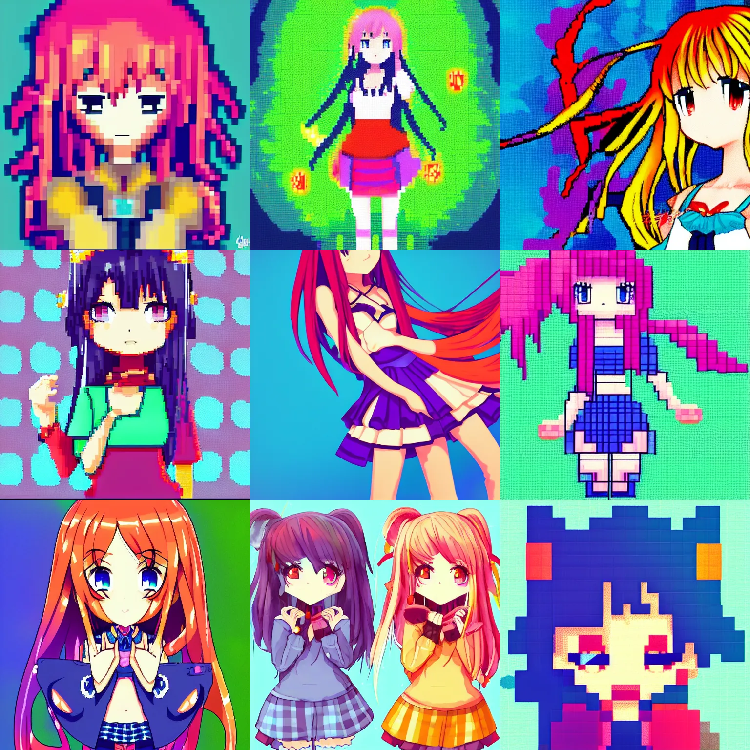 Prompt: anime girl, colorful, pixel art, 1 6 bits, 2 d