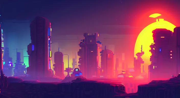 Image similar to beauiful background painting of night level of a 2 d sidescroller game, in a futuristic city in an alien world, orange sky, video game art, pixel art, concept art, surreal and charming, synthwave, ultra detailed, cool lighting, trending on artstation