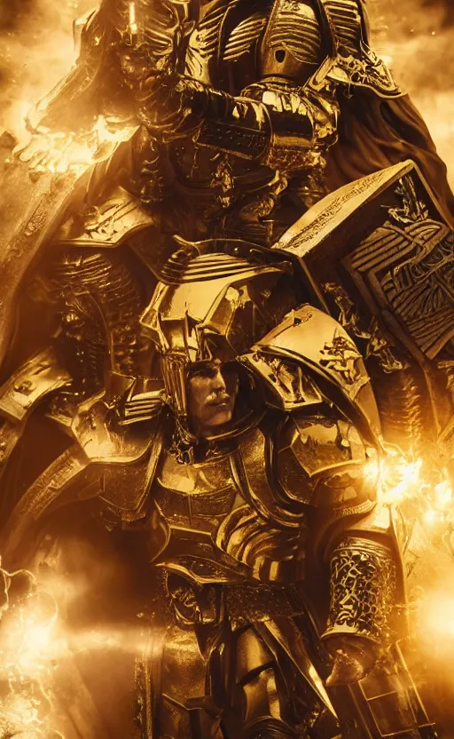 Image similar to angry Henry Cavill as warhammer 40k God-Emperor of Mankind dressed in his glowing golden power armor. full-length portrait, beautiful face, long hair, painted by Donato Giancarlo, intricate fine armor rune details, cinematic, highly detailed, octane render