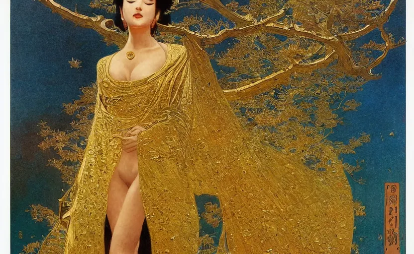 Image similar to a queen in a gold dress, ancient, japanese art, oil painting, by bruce pennington, by otomo, by amano, by bouguereau, by gustave moreau