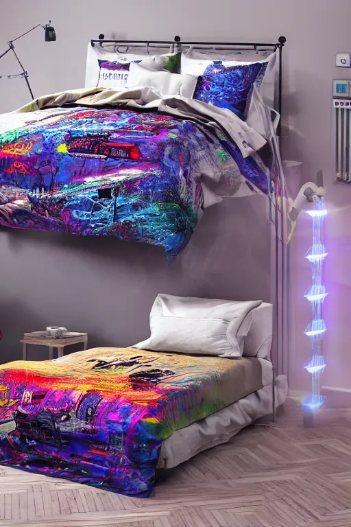 Prompt: photo of bedlinen in a modern bedroom, band merchandise, bandname is tripmachine, tourname is invasion of the tripmachines, realistic digital art, textured with a 3 d render of a huge futuristic steampunk generator, 8 k, fluorescent colors, halluzinogenic, multicolored, exaggerated detailed, unreal engine