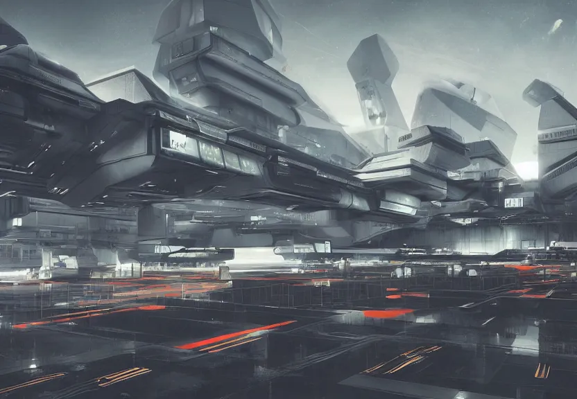 Prompt: a scifi, high contrast minimalist scifi exterior rectilinear brutalist futuristic industrial spaceport airport platform in space, with neon lights, control towers, aircraft carrier towers, maschinen krieger, ilm, beeple, star citizen halo, mass effect, bladerunner, elysium, HDR lighting