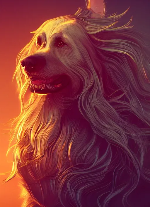 Prompt: beautiful illustration of a dog, gorgeous, amazing, flowing hair, muscular, very muscular male body, in the style abigail larsonand and sam guay, rim light, beautiful lighting, 8 k, stunning scene, octane, trending on artstation