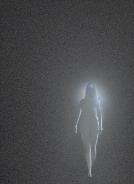 Image similar to a female silhouette, white glowing aura, diffraction grading, fog, film grain, cinematic lighting