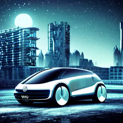 Image similar to Futuristic VW W16 in a Russian cyberpunk slum city called Neo Norilsk on the Moon, at night, diverse, lively, black sky full of stars, blinding sun, sci-fi, lots of flying cars, levitation, cyberpunk outfits, photorealistic, grainy, 35mm, intricate, very very beautiful, elegant, smooth, cinematic, Unreal Engine 5, by Beeple, trending on Artstation HD