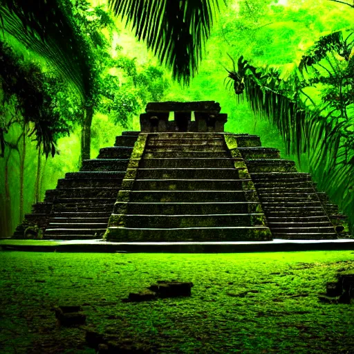 Image similar to a photo of a aztec temple in a rainforest