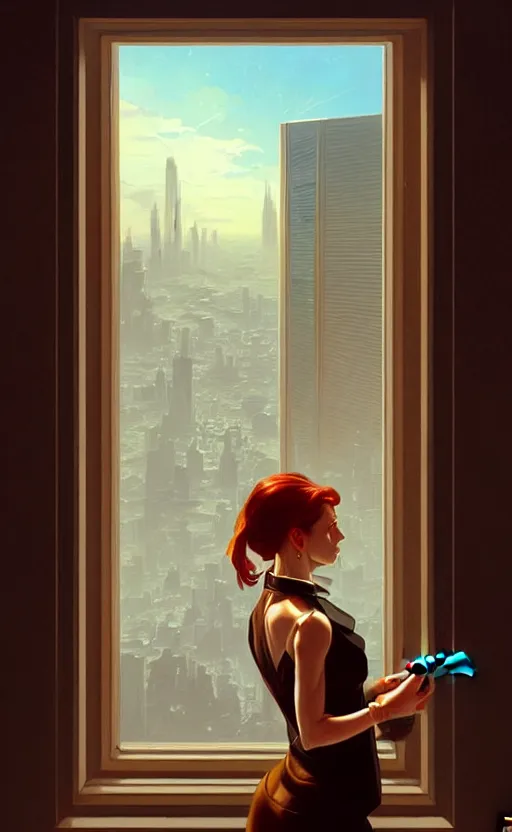 Image similar to Business woman smoking a cigar while she watches the city through a window, sci-fi, highly detailed, digital painting, artstation, concept art, smooth, sharp focus, illustration, art by artgerm and greg rutkowski and alphonse mucha