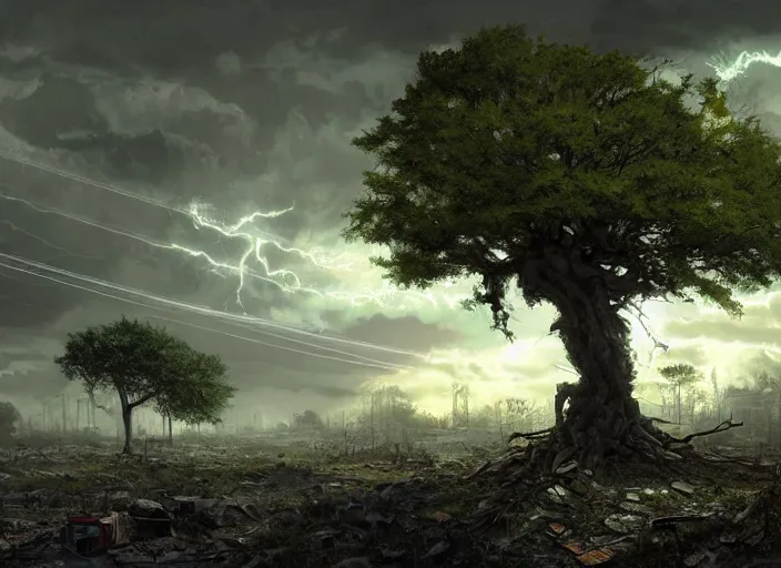 Image similar to oak tree growing in the rubble of a post - apocalypse city wasteland, gray dull background, colorful green leaves, hyperrealistic, very detailed leaves, sharp focus, highly detailed, cinematic, single ray of golden sunlight shinging on the tree, digital art, soft lightning, oil painting by greg rutkowski