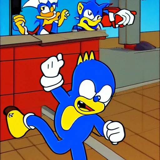 Image similar to sonic punches homer simpson while bart shoots at sonic.