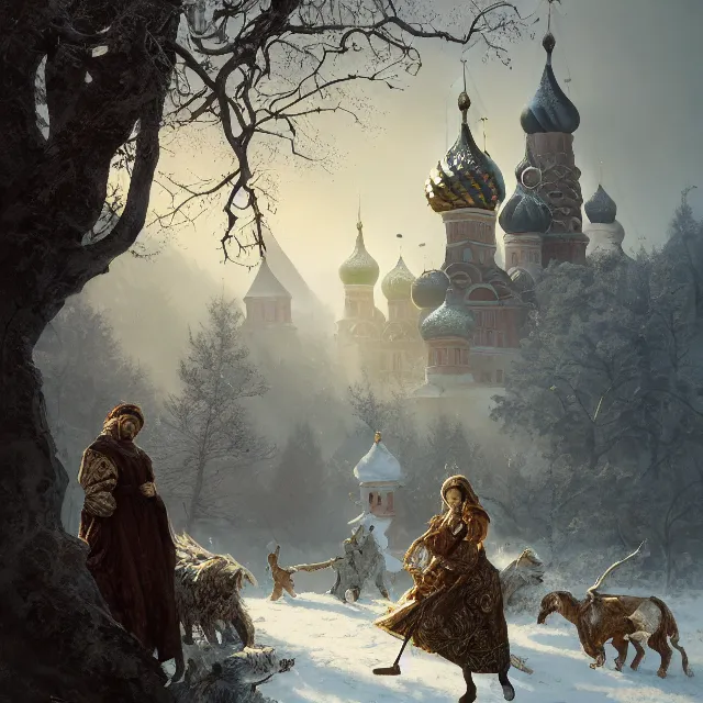 Image similar to russian folk fairytale, story, fable, dramatic, fantasy art, matte painting, an ultrafine detailed painting, academic art, ornate, inticate, elegant, sharp focus, artstation, by pavel korin, viktor vasnetsov, greg rutkowski