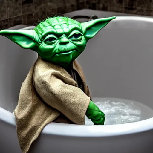 Image similar to sad yoda in bathtub