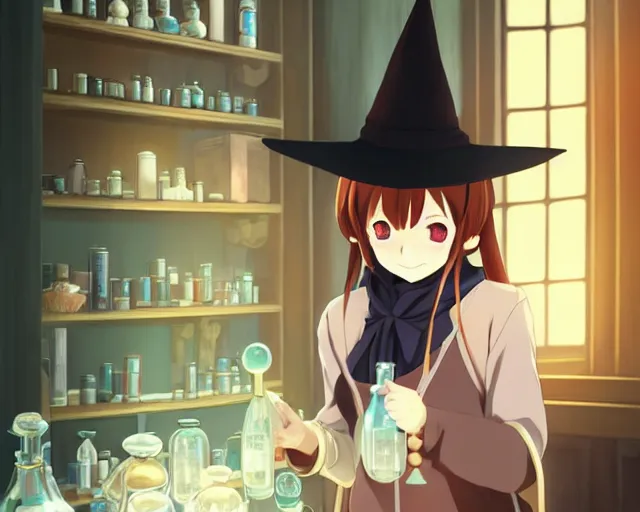 Prompt: anime visual, portrait of a young female traveler wearing a witch hat in a alchemist's potion shop interior, cute face by yoh yoshinari, katsura masakazu, cinematic luts, dynamic pose, dynamic perspective, strong silhouette, anime cels, ilya kuvshinov, crisp and sharp, rounded eyes, moody, cool colors