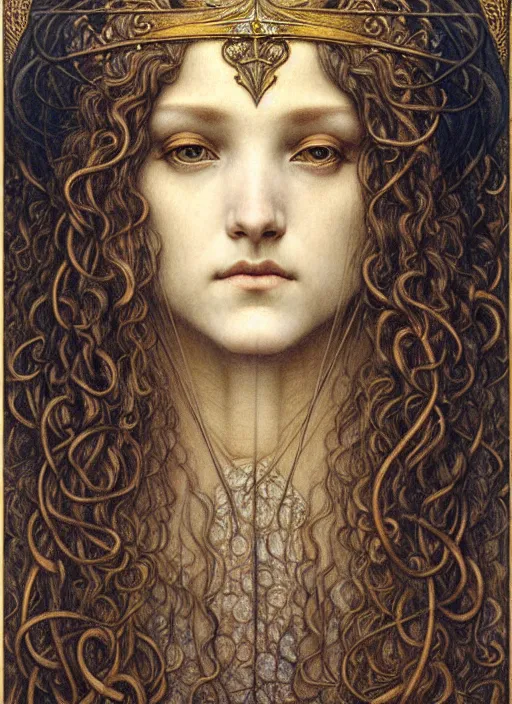 Image similar to detailed realistic beautiful young medieval queen face portrait by jean delville, gustave dore and marco mazzoni, art nouveau, symbolist, visionary, gothic, pre - raphaelite. horizontal symmetry