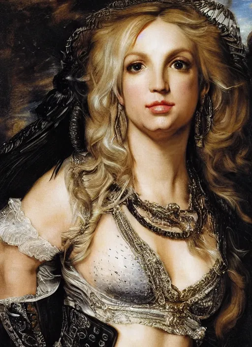 Image similar to , , britney spears dressed as black Canary,, Dramatic, Edge, Good, Infused, Backlight, De-Noise, VFX, insanely detailed and intricate, hypermaximalist, facial ,elegant, ornate, hyper realistic, super detailed, by Anthony Van Dyck, by Ivan Shishkin, by John Constable