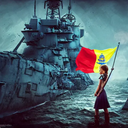 Image similar to ukrainian girl with ukrainian flag near big ruined warship, trying to survive, everywhere, concept art, trending on artstation, highly detailed, intricate, sharp focus, digital art, 8 k