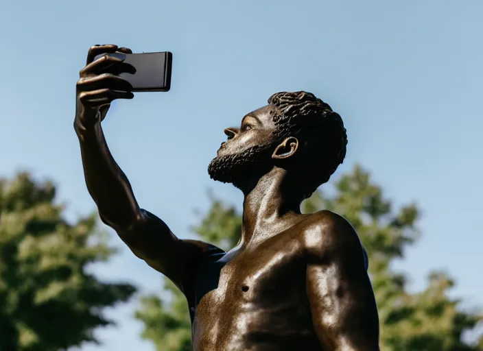 Prompt: photo still of a bronze statue of a person using an iphone to take a selfie, park on a bright sunny day, 8 k 8 5 mm f 1 6 1 1 0 1