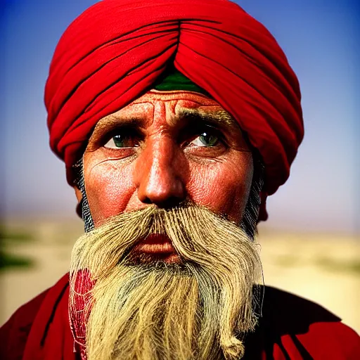 Image similar to portrait of president donald trump as afghan man, green eyes and red turban looking intently, photograph by steve mccurry