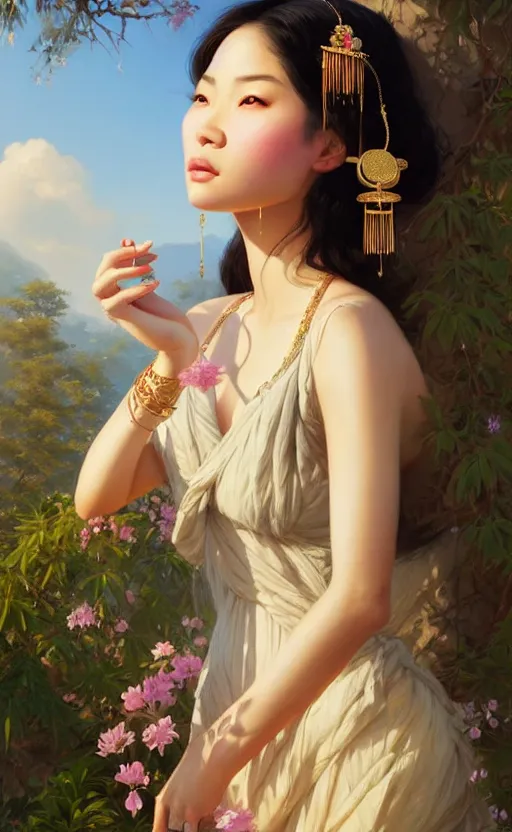 Image similar to a beautiful young charming asian goddess with sundress and jewelry | | winter, realistic shaded, unpleasant face, good looking, fine details, dior, lv, realistic shaded lighting poster by greg rutkowski, macoto takahashi, magali villeneuve, artgerm, jeremy lipkin and michael garmash