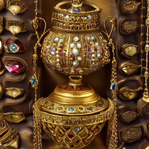 Prompt: A Ayleid chest filled with jewels and golden artefacts, 4k, hdri, museum quality photo