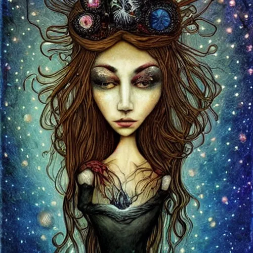 Image similar to decorative by alexander jansson, by keith mallett. a beautiful performance art of a woman with long flowing hair, wild animals, & a dark, starry night sky.