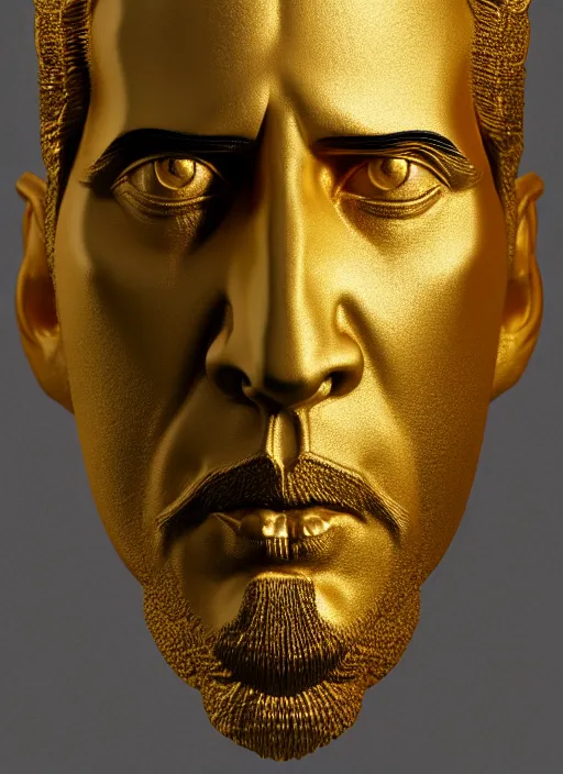 Image similar to stylized gold onyx ornate statue full body made of marble of nicholas cage, perfect symmetrical body, perfect symmetrical face, hyper realistic, hyper detailed, by johannen voss, by michelangelo, octane render, blender, 8 k, displayed in pure white studio room