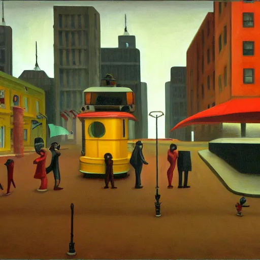 Image similar to drab human workers, guarded by rusty robot overlords, brutalist city street, cloudy, raining, dystopian, pj crook, edward hopper, oil on canvas