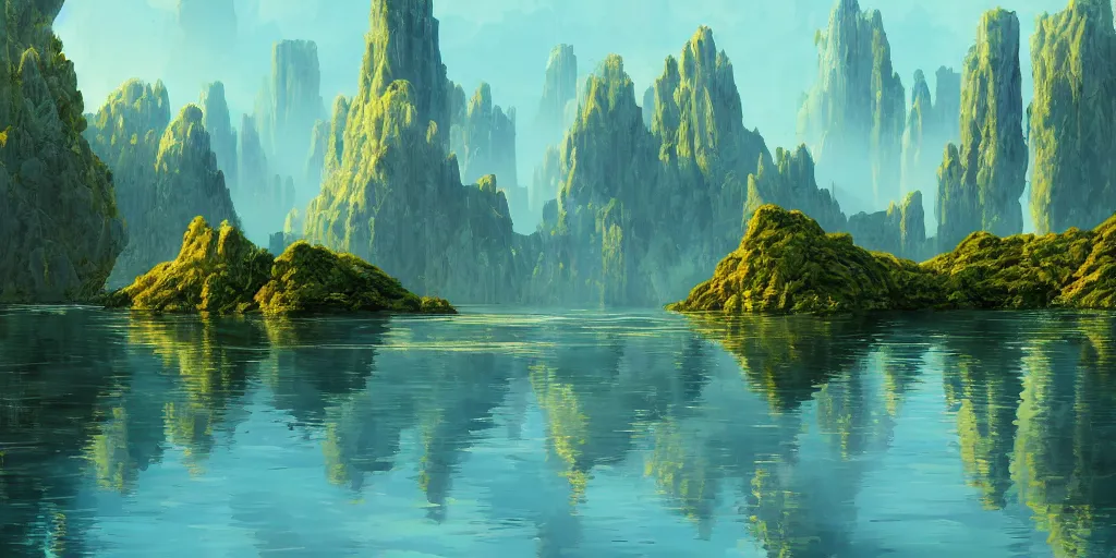 Image similar to crystal arches, over a quiet splendid lake, summer, morning, beautiful matte painting of a science-fiction planet, Moebius, Roger Dean, Artstation, Artstation, Artstation