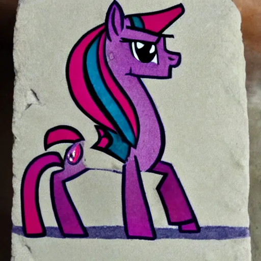 Prompt: mesoamerican stone carving of twilight sparkle from My Little Pony