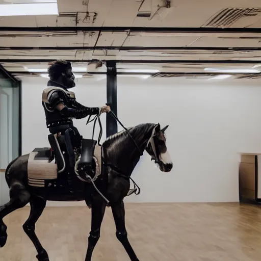 Prompt: a robot riding a horse in an office