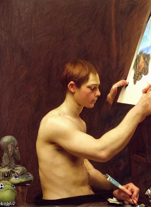 Prompt: a young painter in his studio painting a picture of pepe the frog, by edgar maxence and caravaggio and michael whelan and delacroix style, artistic, intricate drawing, cinematic lighting, hyper realistic, extremely detailed, establishing shot, 8 k resolution, dramatic lighting