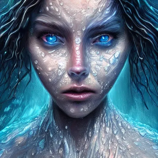 Image similar to the face of a person entirely made of water. Water formed into the shape of a human. Amazing beautiful fantasy art, trending on artstation