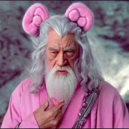 Image similar to gandalf wearing pink robes and a hello kitty hair clip, movie still from the lord of the rings