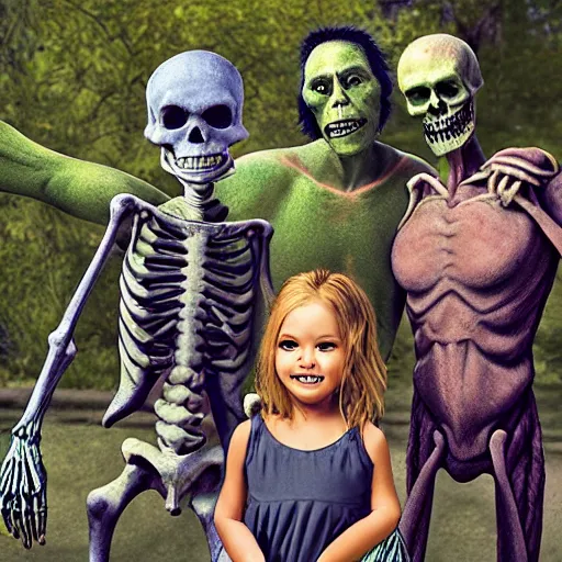 Image similar to A family portrait at the zoo of a sasquatch, a human lizard, a green alien and a skeleton, photorealistic style