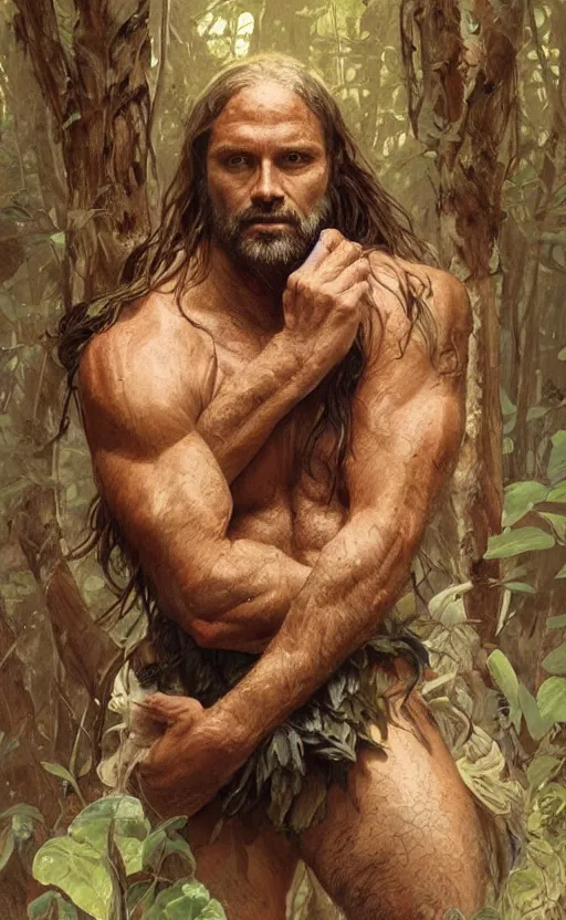 Image similar to portrait of the god of the forest, 40 years old, long hair, rugged, male, gorgeous, detailed face, amazing, exposed thighs!!!!!!, muscular, intricate, highly detailed, digital painting, artstation, concept art, sharp focus, illustration, art by greg rutkowski and alphonse mucha