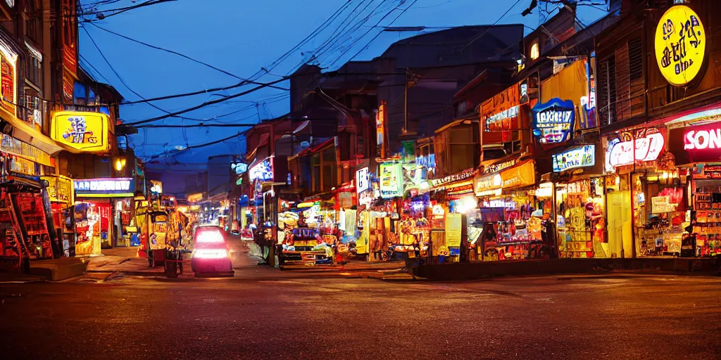 Prompt: Dusk City Street, Intersection, Storefront, alleyway, beer advertisement, bicycle in background, chairs, table, city street lights, clumps of bananas, colored light, colorful umbrella, convenience store, dusk sky, dingy city street, exiting store, getting groceries, hilly road, Korean writing, looking down street, moped, raining, smoking outside, tan suit, wet road, wet street, white shoes, wires hanging above street, wires in background, very high quality photography, dusk, cinematic.