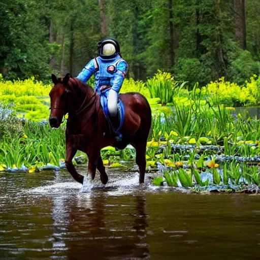 Image similar to a photo of an astronaut riding a horse in the forest. there is a river in front of them with water lilies.