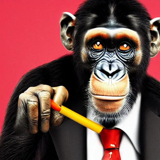 Image similar to a high detail shot of a chimp wearing a suit and smoking