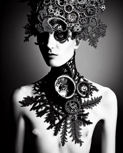 Image similar to surreal dark poetic black and white photo portrait of complex bio-mechanical beautiful young silver female vegetal-cyborg with a Mandelbrot fractal steampunk metal fine lace face, a very long neck and a fine metal floral foliage super big lace collar by Alexander McQueen:: smoke, high fashion, haute couture, rococo, steampunk, silver filigree details, anatomical, facial muscles, cable wires, microchip, elegant, dreamy, foggy atmosphere, hyper realistic, 150 mm lens, soft rim light, octane render, unreal engine, picture was taken in 1910 by Man Ray, volumetric lighting, dramatic light,8k,