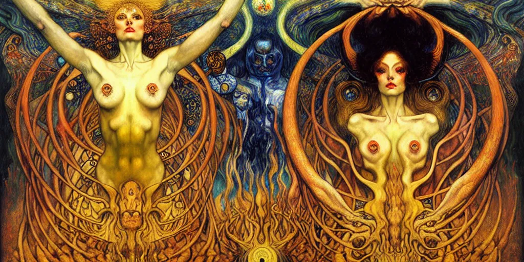 Image similar to Divine Chaos Engine by Karol Bak, Jean Delville, William Blake, Gustav Klimt, and Vincent Van Gogh, symbolist, visionary