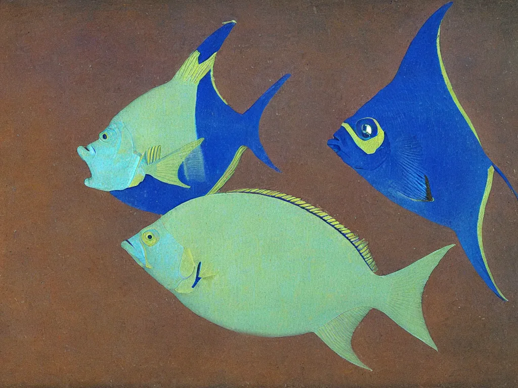 Image similar to close up exotic blue - faced angelfish fish at night with delicate woman hands. lapis lazuli, malachite, cinnabar, gold. painting by piero della francesca, balthus, agnes pelton