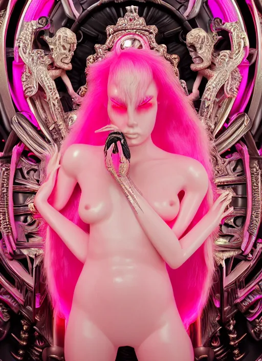 Image similar to photo of baroque and bladerunner delicate neon ruby sculpture of seductive ceramic albino king xavier serrano delicious pink iridescent humanoid deity wearing black fluffy hoody holding diamond skull in a black metallic dungeon, reclining, glowing rainbow face, crown of white diamonds, cinematic lighting, photorealistic, octane render 8 k depth of field 3 d