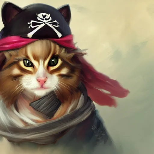 Prompt: Portrait of a Kawaii Cat dressed as a Pirate, digital painting, highly detailed, artstation, concept art, smooth, sharp focus, illustration, art by artgerm and greg rutkowski.