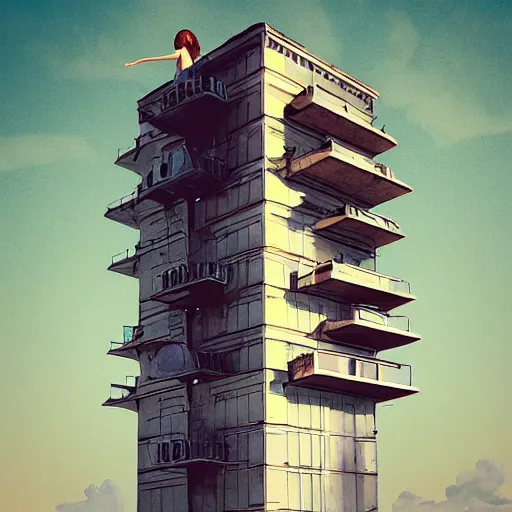 Image similar to a floating women seen from behind in a retro - futuristic tower, vintage inspired, by the invisible realm