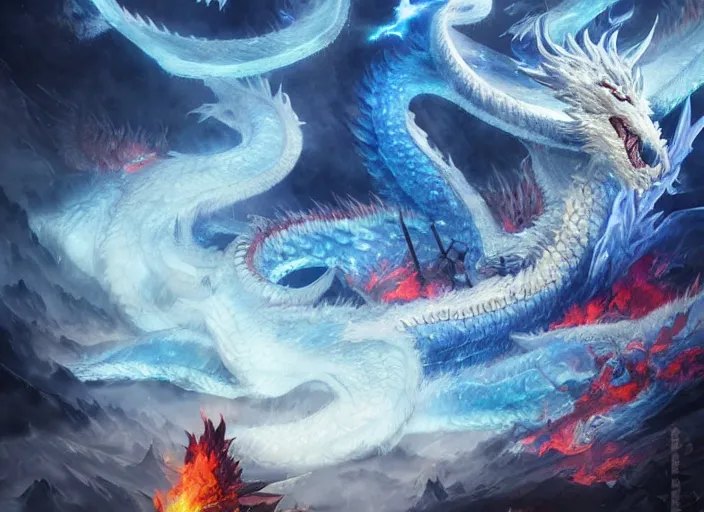 Image similar to luxurious white viking dragon destroying the kyoto district during sakura season with intense destructive royal blue fire, by greg rutkowski, james jean, peter mohrbacher, rule of thirds, sigma look, beautiful, intricate, majestic, award winning