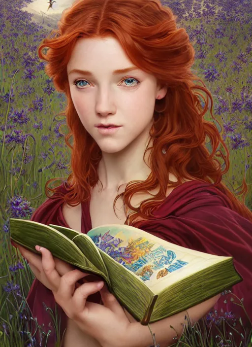 Image similar to an epic fantasy comic book style portrait painting of a young red headed girl reading a book in a field of flowers surrounded by bees, d & d, fantasy, intricate, elegant, highly detailed, digital painting, artstation, concept art, matte, sharp focus, illustration, art by artgerm and greg rutkowski and alphonse mucha