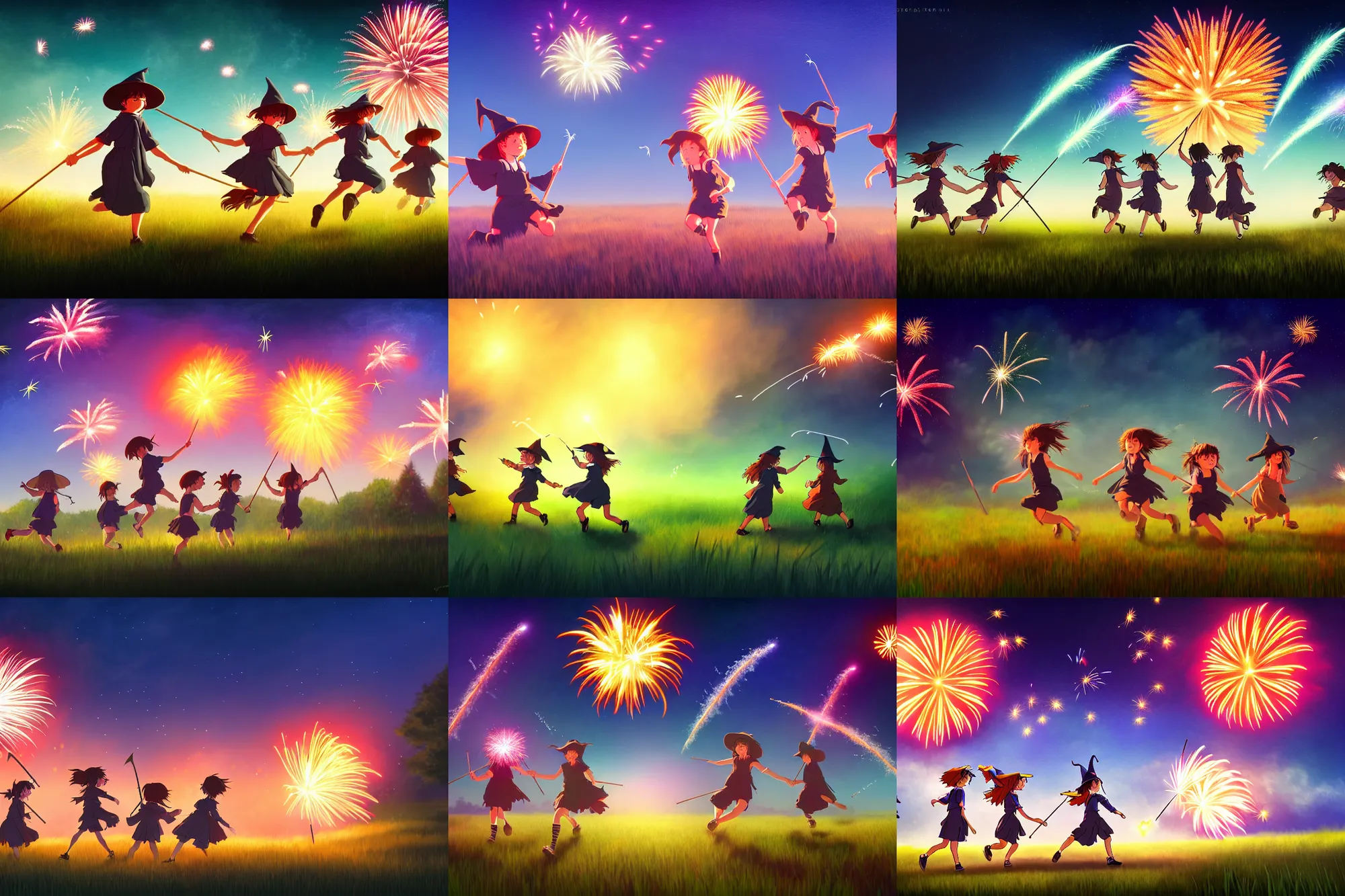 Prompt: young witches running through a field launching fireworks into the sky, magical particles in the air, night time, rim light, studio ghibli style, high octane filter, 8 k, highly detailed, digital painting, concept art, matte