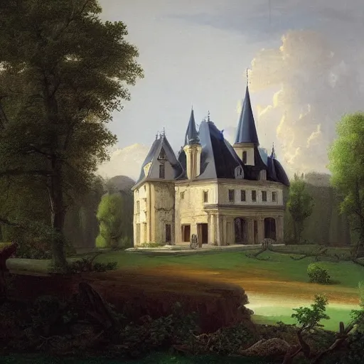 Image similar to a large serene beautiful matte painting of a delapitaded quaint french country castle covered in a state of disrepair in vines, by asher brown durand and george ault featured on artstation