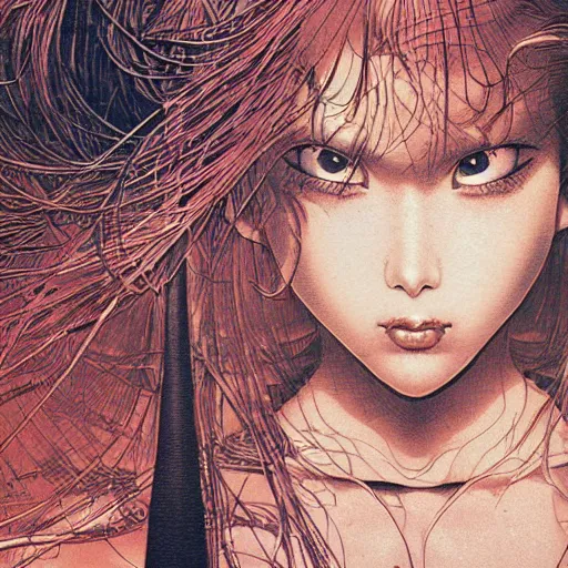 Image similar to closeup of girl from 8 0 s, by yoichi hatakenaka, masamune shirow, josan gonzales and dan mumford, ayami kojima, takato yamamoto, barclay shaw, karol bak